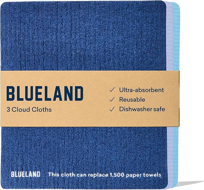 BLUELAND Cloud Cloth, 3-Pack, Reuseable Paper Towel Replacement, Natural Swedish Dish Kitchen Sponge