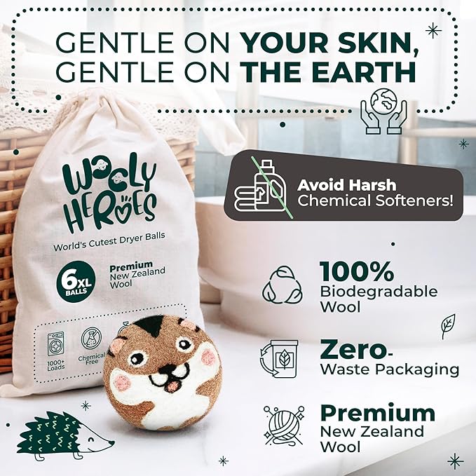 No More Dryer Sheets - Wool Dryer Balls - XL 6-Pack - Eco Dryer Balls - Dryer Balls Laundry Reusable - Softens Laundry Naturally - Reduces Drying Time & Static - with Storage Bag