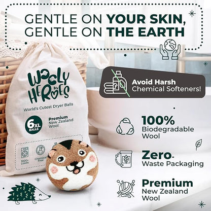 No More Dryer Sheets - Wool Dryer Balls - XL 6-Pack - Eco Dryer Balls - Dryer Balls Laundry Reusable - Softens Laundry Naturally - Reduces Drying Time & Static - with Storage Bag