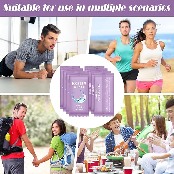 Treela 300 Pcs Bulk Large Body Wipes Individually Wrapped Big Bath Wipes for Adults Bathing No Rinse Shower Bulk Deodorant for Homeless Hygiene Personal Cleansing for Travel Gym(7.09" X 9.84",Purple)
