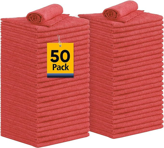 Shop Towels Rags, 50 Pack Reusable Shop Rags Bulk Microfiber Cleaning Cloth Lint Free Cleaning Towels for Car Kitchen Automotive Bar Mechanic Restaurant Garage, 11.5"x 11.5", Red