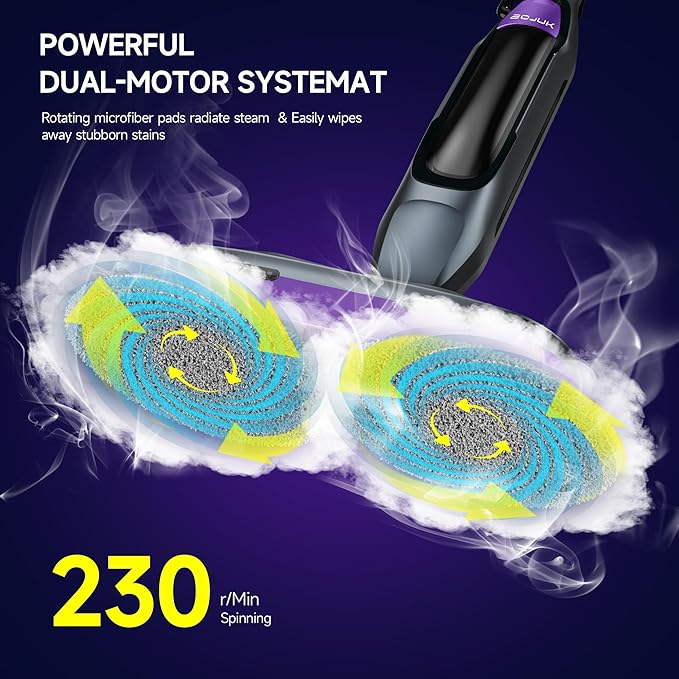 Steam Spin Mop, Smart Steam & Scrub Mop with 4 Cleaning Modes & LED Headlights, Safe for all Sealed Hard Floors like Tile, Hardwood, Stone, Laminate, Vinyl & More F2