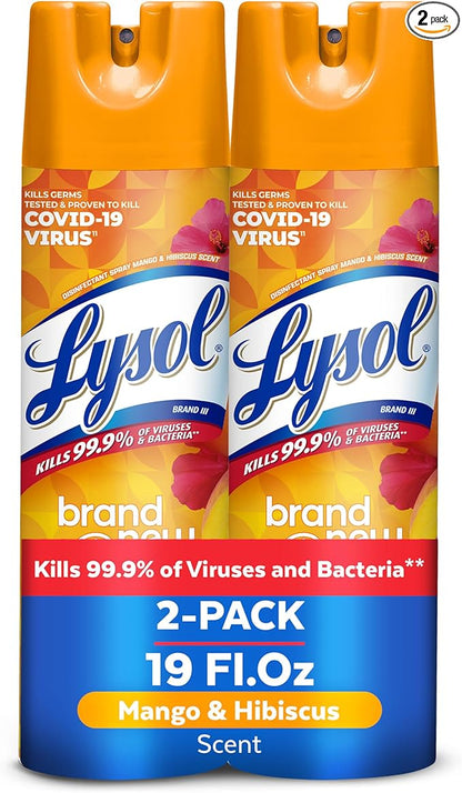 Lysol Disinfectant Spray, Sanitizing and Antibacterial Spray, For Disinfecting and Deodorizing, Mango & Hibiscus, 19 Fl. Oz (Pack of 2)