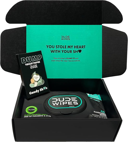 DUDE Wipes Conversation Hearts Candy Gift For Him Bundle With 1 Pack 48 Flushable Wipes Mint Chill - Valentines Day Gift for Him - Sewer & Septic Safe