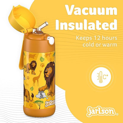 kids water bottle with straw - CHARLI - insulated stainless steel water bottle - thermos - girls/boys (Lion 'Star', 12 oz)