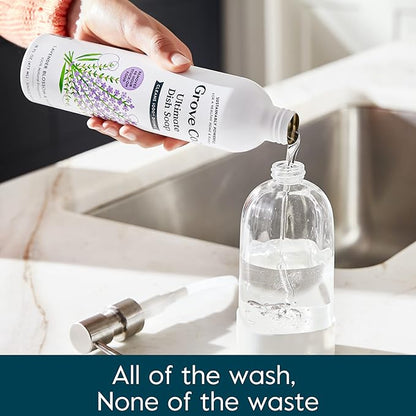 Grove Co. Ultimate Dish Soap Refills (3 x 16 Fl Oz) + Refillable Glass Dish Soap Dispenser for Kitchen Sink with Non-Slip Silicone Sleeve, Plastic Free Cleaning Products, Lavender Blossom & Thyme