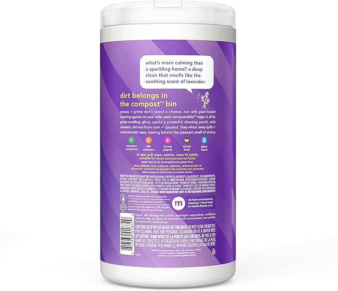 Method All-Purpose Cleaning Wipes, French Lavender, Multi-Surface, Compostable, 70 Count, (Pack of 3)