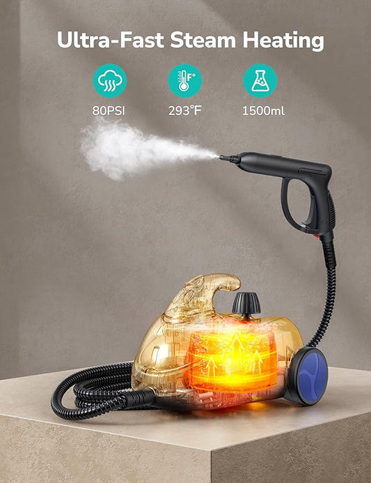 Steam Cleaner with 21 Accessories, 5 Minutes Fast Heating, Multipurpose Portable Canister Steamer for Floors, Carpet, Cars, Tiles, Grout Cleaning, Chemical-free, 1.5L Capacity