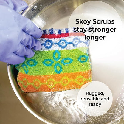 Skoy Scrub, 8-Pack Reusable, Non-Scratching Dish Scrubber for Kitchen and Household Cleaning, Planet-Friendly, Dishwasher Safe Soft Scrub, Assorted Colors and Designs