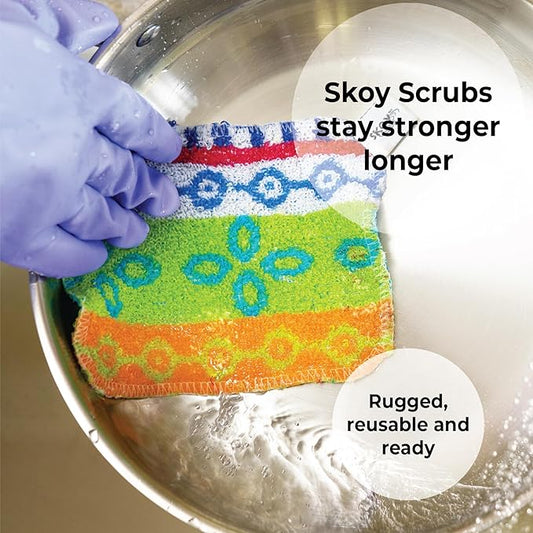 Skoy Scrub, 8-Pack Reusable, Non-Scratching Dish Scrubber for Kitchen and Household Cleaning, Planet-Friendly, Dishwasher Safe Soft Scrub, Assorted Colors and Designs