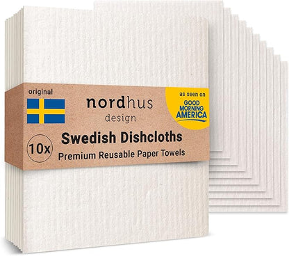 Nordhus Design Swedish Dishcloths, White 10-Pack, Reusable, Washable Cellulose Cotton Kitchen Cloths - Replace Paper Towels, Wipes, Sponges, Dish Rags
