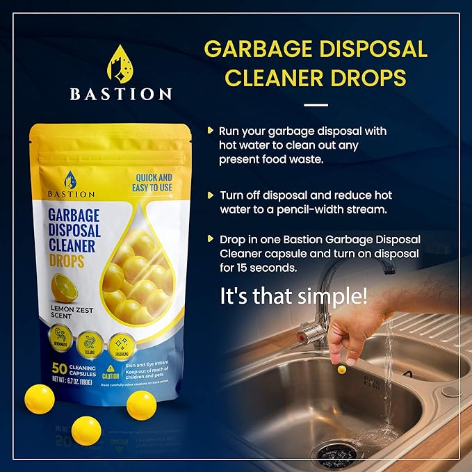 Bastion Garbage Disposal Cleaner and Deodorizer Drops- [[50-Count]] Lemon Zest Scented Kitchen Sink Freshener Pods & Drain Odor Eliminator Disposer Care Balls