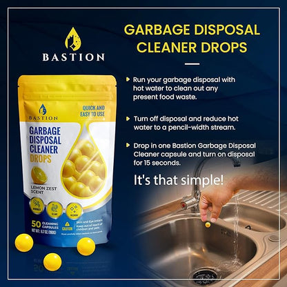 Bastion Garbage Disposal Cleaner and Deodorizer Drops- [[50-Count]] Lemon Zest Scented Kitchen Sink Freshener Pods & Drain Odor Eliminator Disposer Care Balls