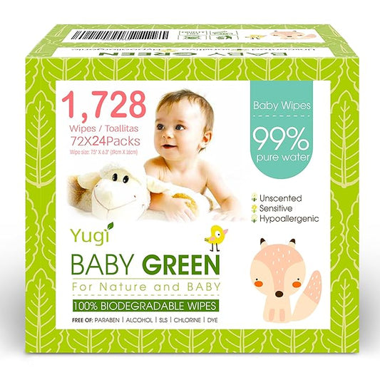 Yugi Green Baby Wipes – Unscented, Compostable, Biodegradable, Plant-Based, Fragrance-Free, for Sensitive Skin & Babies – 24 Packs of 72 (1728Count)