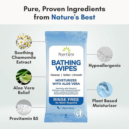 Nurture Rinse Free Bathing Wipes for Adults w/Aloe | Waterless Cleansing for sensitive skin | Disposable Adult Body Bath Wet Wipe for Disabled Bedridden | 64 wipes