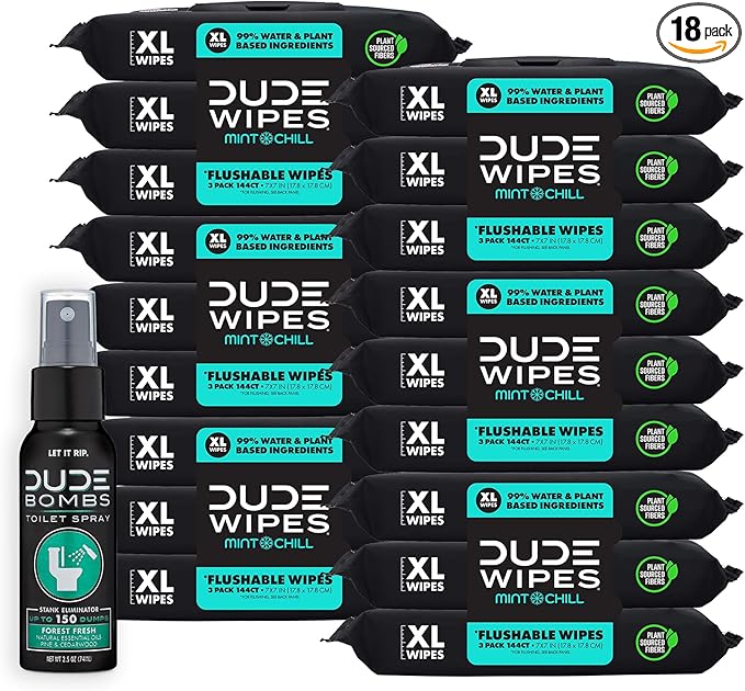 DUDE Wipes - Flushable Wipes with DUDE Bombs Toilet Spray - 18 Pack, 864 Wipes + 1 Spray Bottle - Mint Chill Extra-Large Adult Wet Wipes with Eucalyptus & Tea Tree Oil - Forest Fresh Stank Eliminator