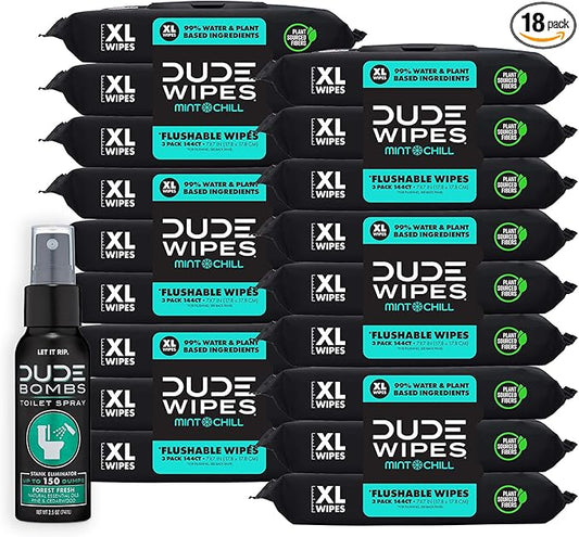 DUDE Wipes - Flushable Wipes with DUDE Bombs Toilet Spray - 18 Pack, 864 Wipes + 1 Spray Bottle - Mint Chill Extra-Large Adult Wet Wipes with Eucalyptus & Tea Tree Oil - Forest Fresh Stank Eliminator