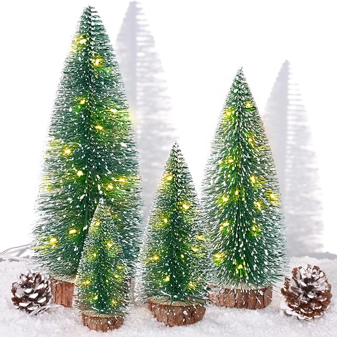4pcs Mini Christmas Trees Christmas Decor, Artificial Christmas Mini Bottle Brush Trees Tabletop, Christmas Decoration Trees with 4 Size Xmas Holiday Decor (4pcs Green Tree with Lights)