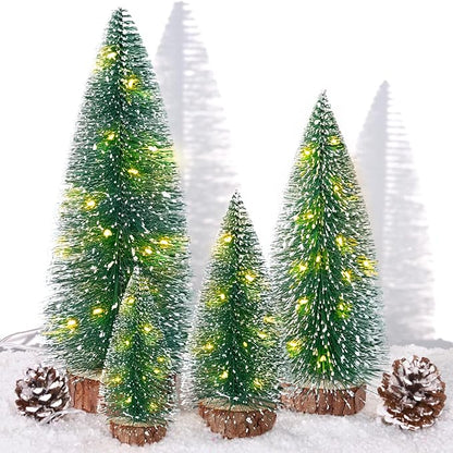 4pcs Mini Christmas Trees Christmas Decor, Artificial Christmas Mini Bottle Brush Trees Tabletop, Christmas Decoration Trees with 4 Size Xmas Holiday Decor (4pcs Green Tree with Lights)