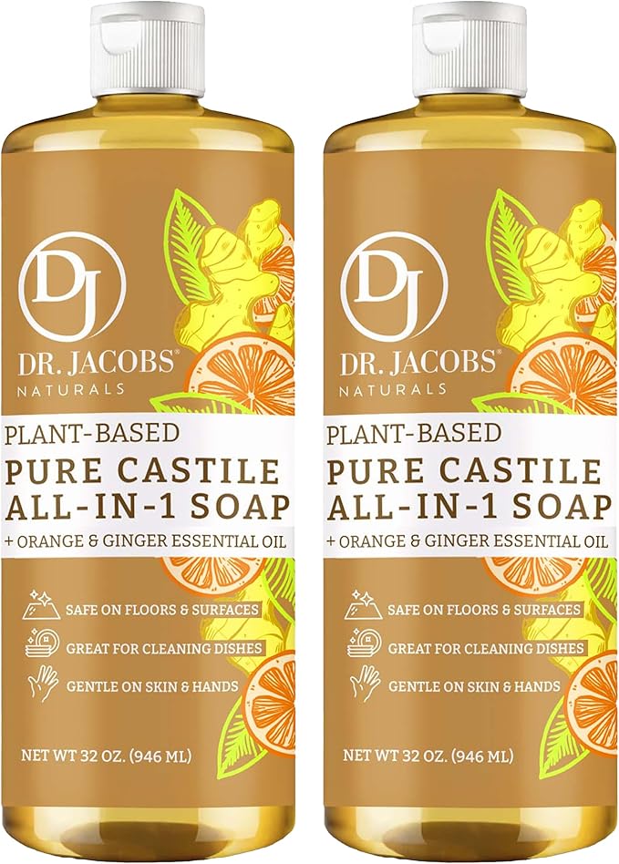 Dr. Jacobs Naturals Orange + Ginger Castile All-In-One Cleaner and Soap, Effective Plant-Based Formula for House Cleaning. Eco-friendly for Home Essentials and the Planet (32 Fl Oz, 2 Pack)