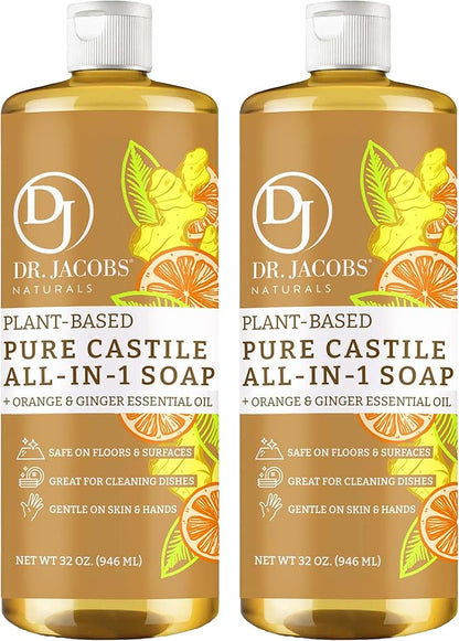 Dr. Jacobs Naturals Orange + Ginger Castile All-In-One Cleaner and Soap, Effective Plant-Based Formula for House Cleaning. Eco-friendly for Home Essentials and the Planet (32 Fl Oz, 2 Pack)
