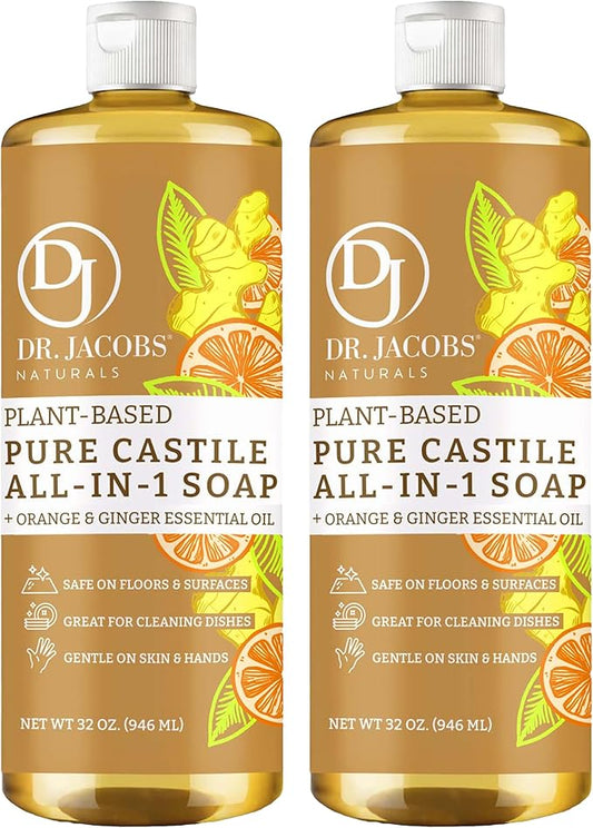 Dr. Jacobs Naturals Orange + Ginger Castile All-In-One Cleaner and Soap, Effective Plant-Based Formula for House Cleaning. Eco-friendly for Home Essentials and the Planet (32 Fl Oz, 2 Pack)