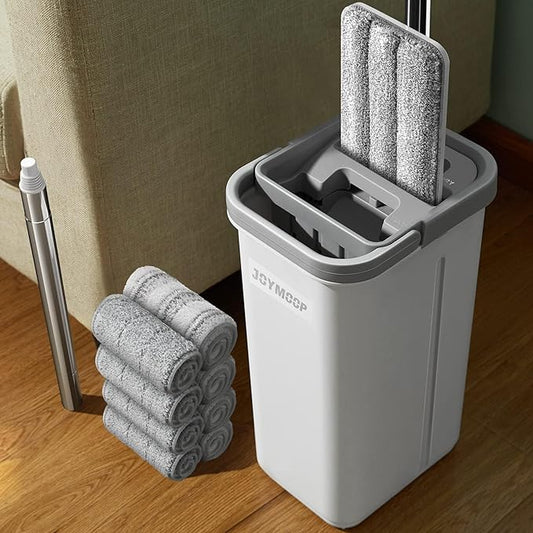 JOYMOOP Mop and Bucket with Wringer Set, Hands Free Flat Floor Mop and Bucket, with 3 Washable Microfiber Pads, Wet and Dry Use, Floor Cleaning System