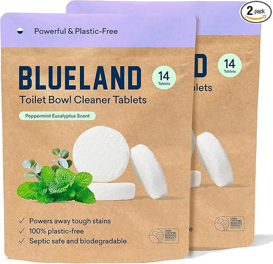BLUELAND Toilet Bowl Cleaner Tablets, 28 Count, Peppermint Eucalyptus, Plastic-Free, No Harsh Chemicals, Plant-Based