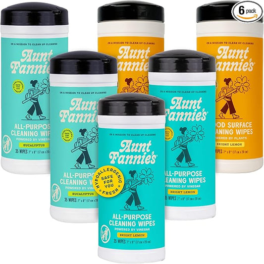 Aunt Fannie's Natural Cleaning Wipes Variety Pack, Multipurpose Surface Cleaner, 35 Count Each, Pack of 6