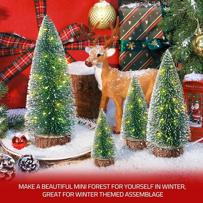 4pcs Mini Christmas Trees Christmas Decor, Artificial Christmas Mini Bottle Brush Trees Tabletop, Christmas Decoration Trees with 4 Size Xmas Holiday Decor (4pcs Green Tree with Lights)