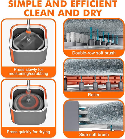 Upgraded Spin Mop and Bucket Self-Standing Mop Bucket Separate Dirty and Clean Water System Self Wringing 360° Rotating Clean Mop and Bucket Set (Drak Gray, 14Pads Mop and Bucket Set)