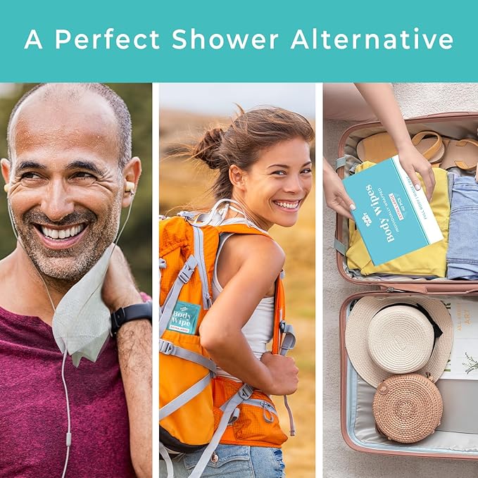 Shower Wipes - 80 Individually Wrapped Body Wipes for Women and Men, Mini Travel Essentials, After Gym Bathing, Camping, Outdoors Sports - No Rinse 12"x8" Adult Wipes