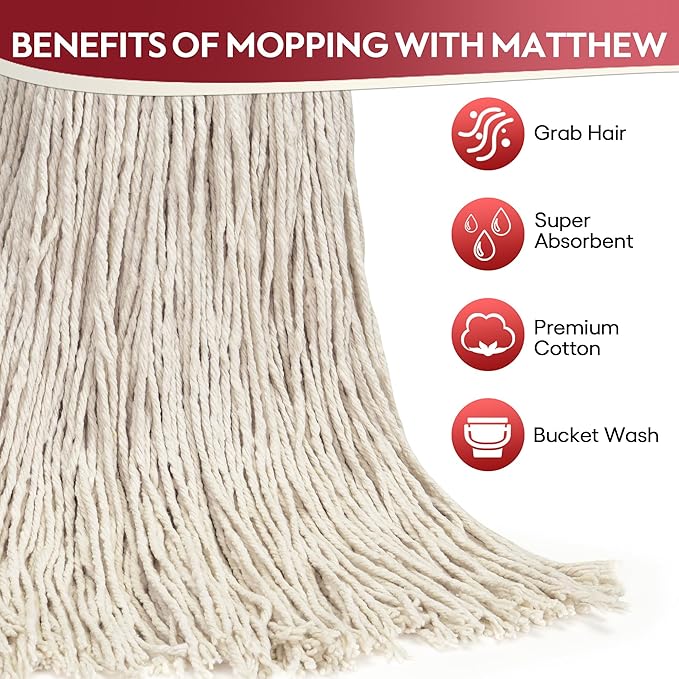 Matthew Cleaning 24oz 12Pack Cotton Mop Head Replacement,Looped-Open String Heavy Duty String Mop Refills,Universal Headband Blend,Floor Cleaning for Home, Industrial and Commercial Use(White)