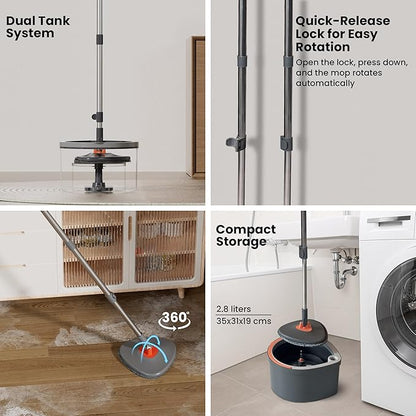 Dual Chamber Spin Mop and Bucket System, Mop Bucket Separate Dirty Water, Mop and Bucket Set with Self-Wringing 360° Rotating Mop Head, Includes 4 Washable Microfiber Mop Pads. (Grey)