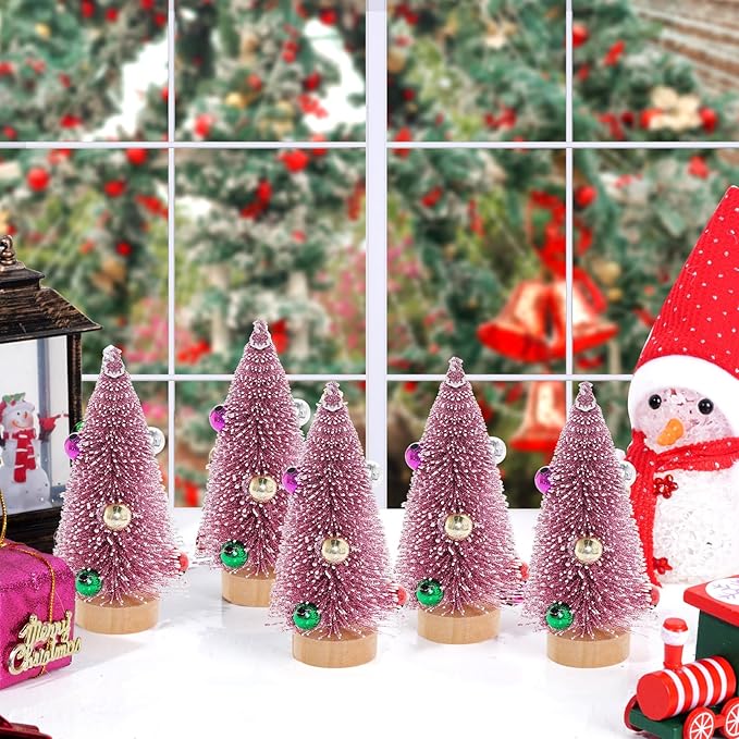 Yookat 12Pcs Mini Christmas Trees Small Sisal Trees Mini Pine Trees with Wood Base Mini Bottle Brush Trees Artificial Mini Christmas Trees Assorted Color for Christmas Winter Decoration (Pink)
