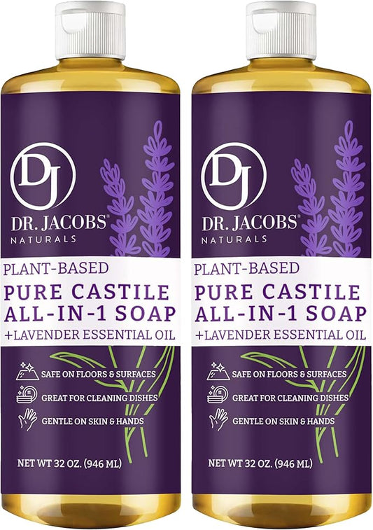 Dr. Jacobs Naturals Lavender Castile All-In-One Cleaner and Soap, Effective Plant-Based Formula for House Cleaning. Eco-friendly for Home Essentials and the Planet (32 Fl Oz, 2 Pack)