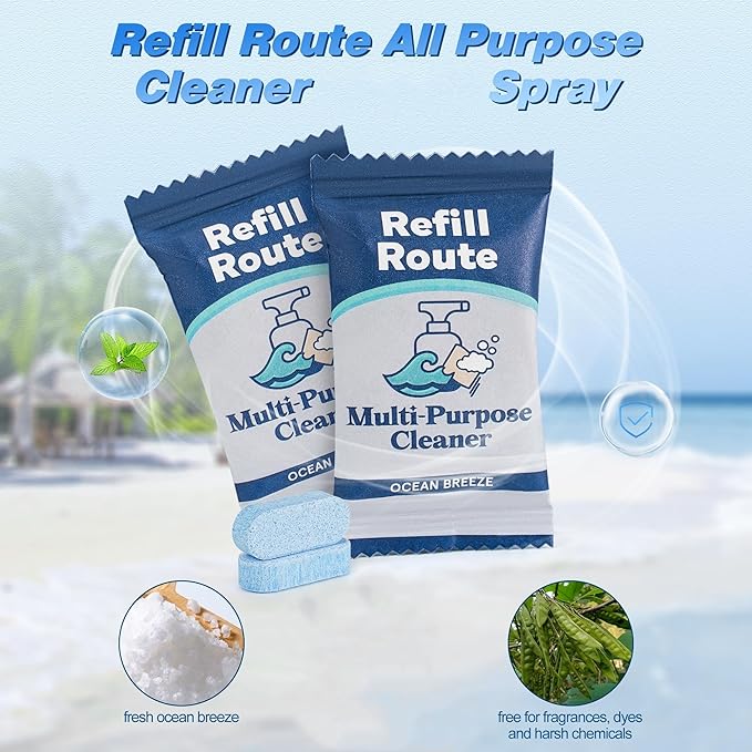 Multi-surface Cleaner Kit, SplashSpray All Purpose Cleaner, 12 Tablets Multipurpose Cleaner Refills with Reusable Glass Bottle, Plant Based, Bathroom/Kitchen Cleaning - Ocean Breeze