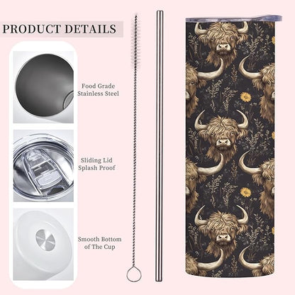 1Pcs Highland Cow Stainless Tumbler with lid and straw - 20oz Travel Mug, Reusable Metal Straw & Brush, Double-Wall Vacuum Bottle Cup for Coffee Wine Tea Hot and Cold Drinks,Gifts
