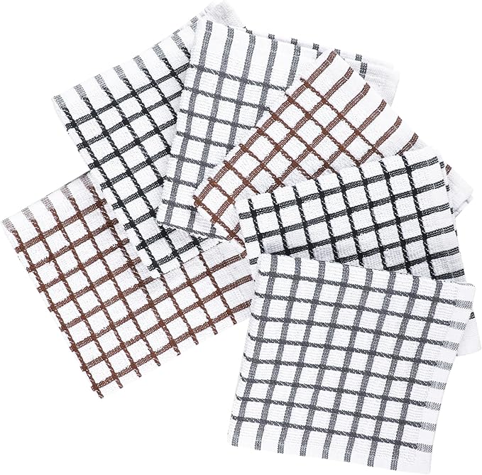 100% Cotton Dish Cloths (Pack of 6) - Dish Rags for Washing Dishes - Reusable & Highly Absorbent Kitchen Towels - Multipurpose Kitchen Rags - (12" x 12" - Multicolor Checkered)