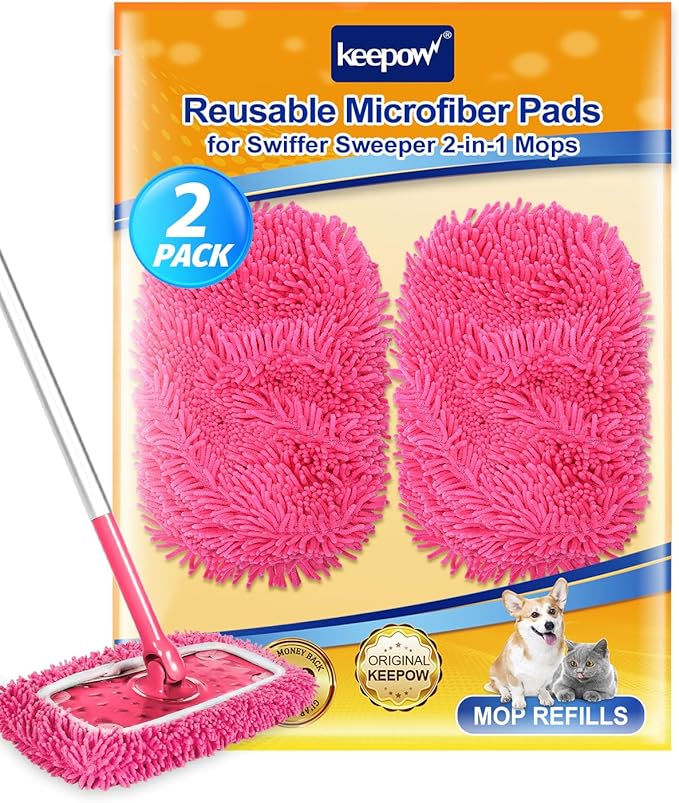 Reusable Microfiber Mop Pads Compatible with Swiffer Sweeper- 2 Pack Dry Sweeping Cloths & Wet Mopping Cloths - Washable Wet Pads Refill for Mopping Floors (Mop is not Included)