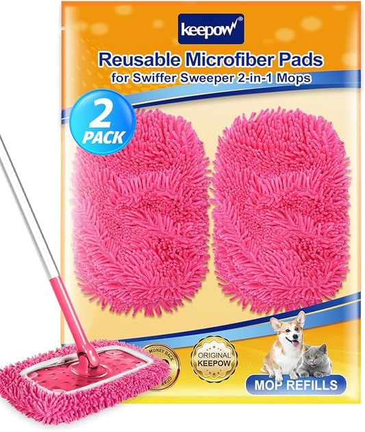 Reusable Microfiber Mop Pads Compatible with Swiffer Sweeper- 2 Pack Dry Sweeping Cloths & Wet Mopping Cloths - Washable Wet Pads Refill for Mopping Floors (Mop is not Included)
