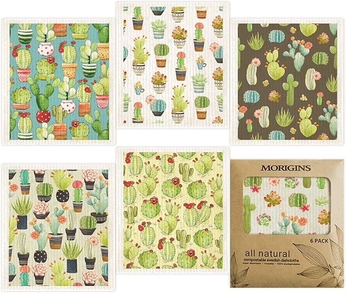 Morigins Cactus Swedish Dish Cloths 6 Pack Reusable Compostable Kitchen Cloth,Cellulose Sponge Dish Cloths Dish Towel Set