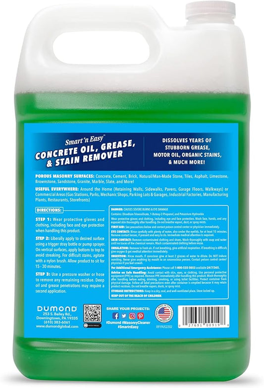 Dumond Smart 'n Easy Concrete Oil, Grease & Stain Remover, Cleans Grime, Dirt & Petroleum-Based Messes from Porous Masonry Surfaces, Garage Floors, Sidewalks, Driveways & More, 1 Gallon Refill