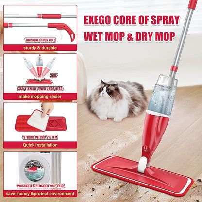 Spray Wet Mops for Hardwood Floor Cleaning, EXEGO Microfiber Dry Dust Spray Mop with 3 Washable Pads fit for Swiffer PowerMop, Wet Jet Mop Flat Floor Mop with Sprayer for Wood Laminate Ceramic Tiles