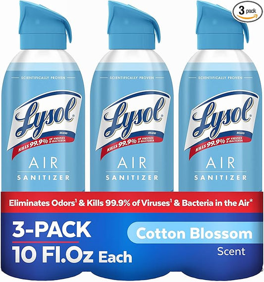 Lysol Air Sanitizer Spray + Odor Eliminator for Home & Office, Sanitizing Air Spray, Cotton Blossom Scent, 10 oz (Pack of 3)