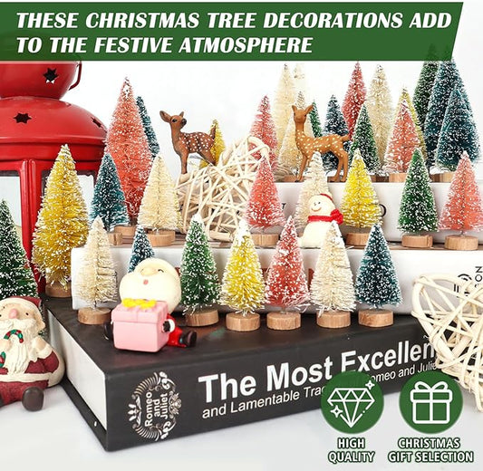 Christmas Decorations Mini Christmas Tree 35pcs,Mini Miniature Christmas Pine Tree Bottle Brush Trees Wooden Bases Tree for Your Village Desktop Xmas Holiday Party (Pink,Yellow,Blue,Green,Beige)