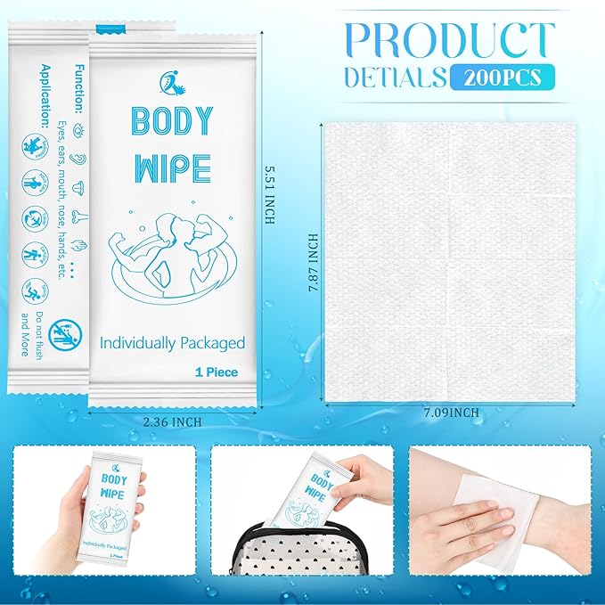 Timgle 200 Pcs Body Wipes Individually Wrapped Bath for Adults Face Hand Deodorant Body Wipes Pearl Pattern Wet Shower with Aloe Bathing Disposable Cleansing for Travel Gym Travel