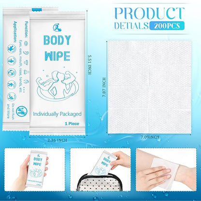 Timgle 200 Pcs Body Wipes Individually Wrapped Bath for Adults Face Hand Deodorant Body Wipes Pearl Pattern Wet Shower with Aloe Bathing Disposable Cleansing for Travel Gym Travel