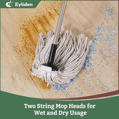 Eyliden Classic Mop with Extra Reusable Cotton Head - Non-Touch Replacement, Adjustable Handle Mops for Wet Dry Floors - All-Surface Safe, Beige