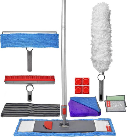 Ultimate Cleaning System Kit - Wet Flat Floor Mop, Rubber Brush, Microfiber Duster, Window Cleaner w/ Squeegee, 2 Microfiber Cloths and 2 Dish Sponges